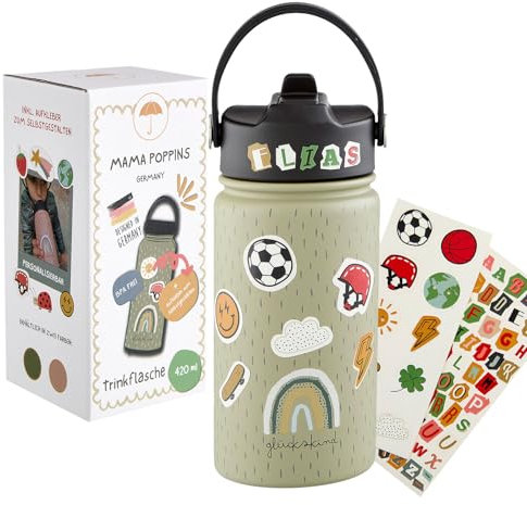 Mama Poppins Germany Kinder Trinkflasche Edelstahl 420ml mit Strohhalm | Auslaufsicher und BPA-frei | Geeignet für Kinder ab 3 | Spülmaschinenfest (Olivgrün)