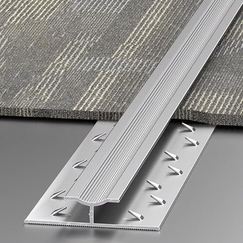 Übergangsstreifen Rutschfeste Übergangsleiste aus Metall für Teppiche, 35,4/51,2/59 Zoll Teppichlücken-Abdeckleiste mit Schrauben, Zuschneidbare Teppichkantenleiste für Büro/ Hotel(Silver,L0.9m/3ft)