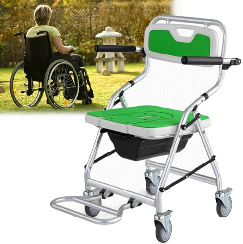 vanenferse Commode On Wheels Waterproof Wheelchair, Mobility Assist Toilet Chair with 4 Lockable Mute Wheels, Shower Seats for Elderly Foldable, Detachable Bucket, Load Capacity 150kg