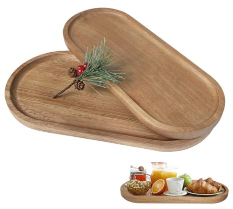 SUPAWAY Lot de 2 Plateau Ovale en Bois Grand 30x15x2cm+ Petit 30x12x2cm Plateaux en Bois Acacia Plateaux décoratifs pour présenter des Fruits gâteaux collations café en-ca fêtes Marron Naturel