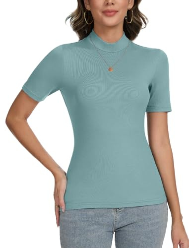 CARCOS Pull à manches courtes pour femme - Col montant - Col roulé - Manches courtes - Pull basique - Coupe ajustée - T-shirt pour printemps, été, automne - Élégant, bleu, L