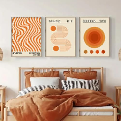 RDRDtbtr Moderne orange Linien geometrische Wand Bilder Bauhaus abstrakte Poster Kunstdrucke minimalistische Leinwandgemälde Bilder Wohnzimmer Heimdekoration 50 x 70 cm x 3 ungerahmt