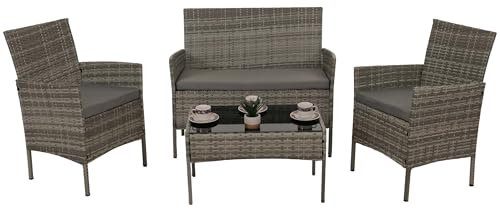 Mendler Poly-Rattan Garten-Garnitur HWC-N98, Sitzgruppe Lounge-Set, Metall Glas Stoff/Textil (180g/m²) - grau, Kissen hellgrau
