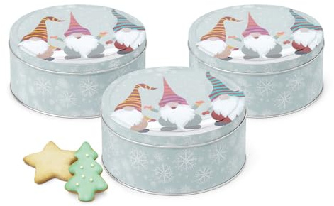 hausleben Weihnachts Keksdosen 3er Set – Rund 13 x 7 cm – Plätzchendosen mit Deckel & Wichtel-Motiv – Aufbewahrungsdosen für Kekse, Plätzchen, Süßigkeiten, Schokolade – aus Metall Geschenkbox