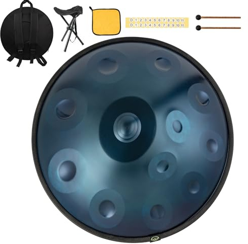 Handpan instrument 440 hz d-Moll 22 Zoll Hand Pan Stahltrommel hand drum 9 Notas 10 Notas 12 Notas Premium-Stahlzungentrommel für Meditation und Entspannung (Blue, 12yin)