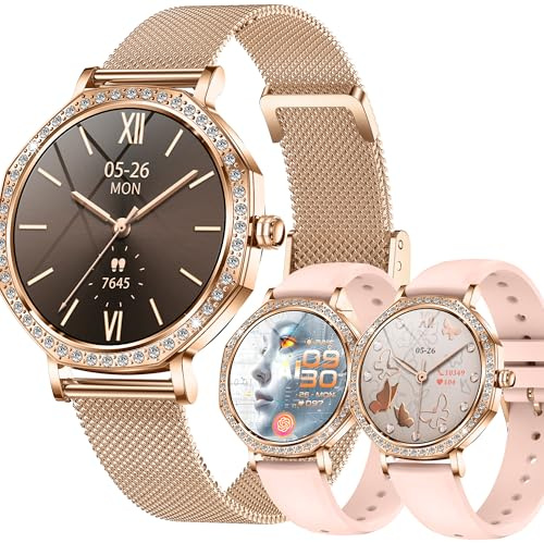 SGDDFIT AMOLED Smartwatch da donna con funzione telefonica, impermeabile 5 ATM, per iOS Android, orologio sportivo con chiamate Bluetooth, orologio fitness con monitor del sonno, 3 cinturini (oro rosa