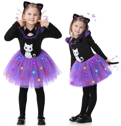 BuzzoXerex Deguisement Chat Enfant, Déguisement Carnaval Fille, 6 Pièces Costume Chat Enfant Noir avec Lumineux Tutu Danse Classique Fille, Oreilles, Queue, Nœud Papillon, Leggings pour Carnaval