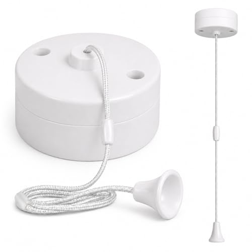 2 Way Ceiling Pull Switch – White Raised Rounded Plastic Light Switch, 6A 240V Rated, Ceiling Mounted Pull Cord Switch for Bathroom, Utility Room & Cloakroom Use (1 Pack)