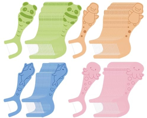QEXUJOW Filo interdentale,80 fili interdentali per bambini, 4 forme di animali, scovolini per la pulizia tra i denti, con manici adatti ai bambini.