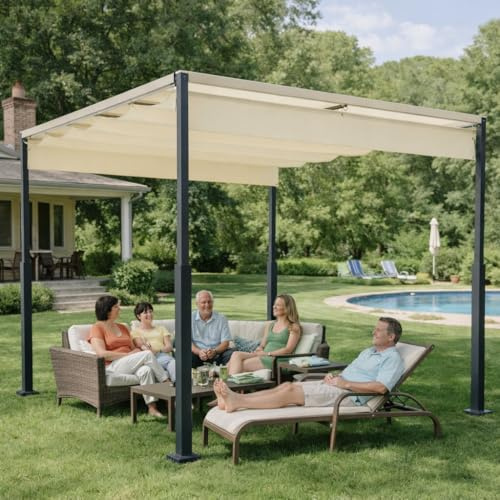 Pérgola de aluminio con techo corredizo, 3 x 4 m, resistente al agua UV30+, marco de metal estable de 5 cm, toldo ajustable para jardín y terraza