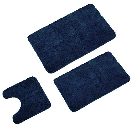 WohnDirect Badezimmerteppich Set 3-TLG., rutschfest & waschbar, Dunkelblau | Flauschige Badvorleger-Garnitur mit WC-Ausschnitt, Anti-Rutsch-Unterseite und 4 cm Hochflor – für Fußbodenheizung geeignet