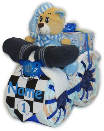 Windeltorte | Windelmotorrad Motiv Rallye mit Schlafbär blau | Windelgeschenk für einen Jungen