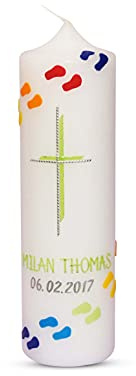 Taufkerze Kommunionkerze Mädchen Junge mit Name und Datum 25x7cm Taufkerze Bunte Füße
