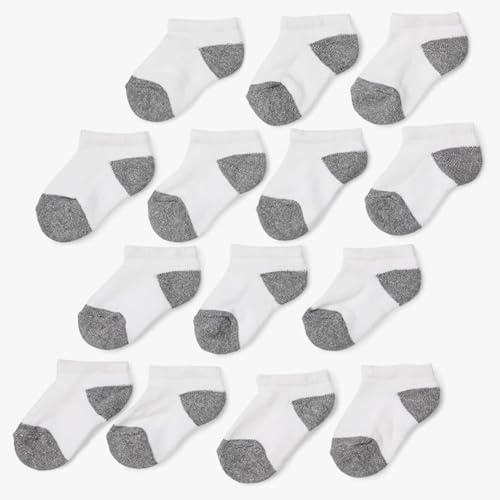Amazon Essentials Unisex Kids' Cotton Low-Cut Cushioned Sock, Pack of 14, White/Grey, S (2-4 Years)