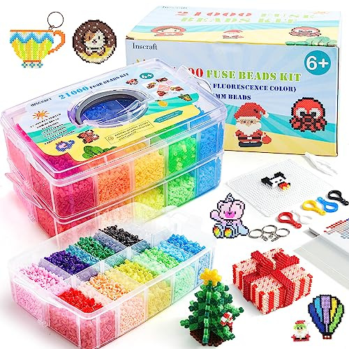 Fuse Beads Kit, INSCRAFT 21,000 pcs 22 Colours 5MM, Including 127 Patterns, 4 Big Square, 1 Heart Pegboards, 1 Flower Ironing Paper, Tweezers, Iron Beads for Craft Making