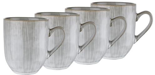 BUTLERS 4er-Set Tassen Steinzeug - HENLEY - spülmaschinenfest | Farbe Grau - 400 ml - Cappuccinotassen für Kaffeepausen - Teetassen für Heißgetränke - mit Linienstruktur