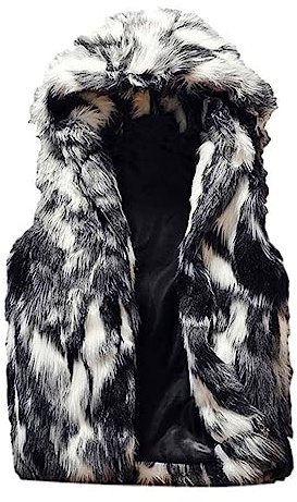 Idopy Men`s Luxury Faux Fur Hoodie Coats Sleeveless Jacket Vest With Hood, Black Grey, L