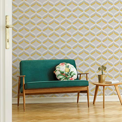 Fresco Retro Ogee Ochre Wallpaper | Yellow Geometric Wallcovering | Eco-Friendly Wallpaper