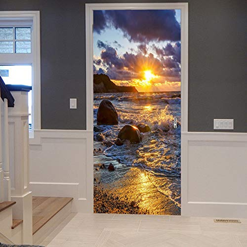 A.Monamour Türtapete Selbstklebend Türfolie Türposter 3D Ozean Meer Strand Sonnenuntergang Bewölkter Stein Felsen Wasser Wellen Vinyl Folie Türdeko Tapete Wandbild Türaufkleber Türtattoo 77 x 200 cm
