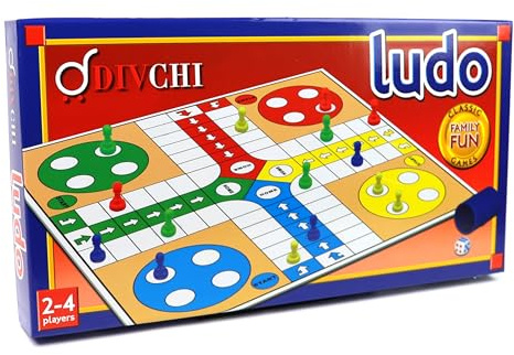 DIVCHI Game - Traditional Ludo Board Game Set for Kids & Adults Indoor Fun - 1 x Folding Board, 16 x Counters, 1 x Dice, 1 x Shaker - Indoor Games