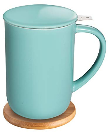 CEEFU Porzellan-Teetasse mit Teesieb und Deckel, Teegeschirr mit Filter und Untersetzer, lose Teetasse Steeper Maker, 473 ml für Tee/Kaffee/Milch/Frauen/Büro/Zuhause/Geschenk (türkis)