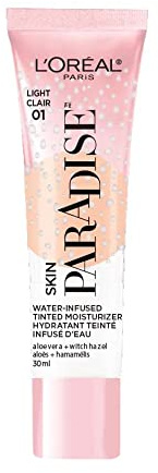 L'Oreal Paris Skin Paradise Water-infused Tinted Moisturizer with Broad Spectrum SPF 19 sunscreen lightweight, natural coverage up to 24h hydration for a fresh, glowing complexion, Light 01, 1 fl oz