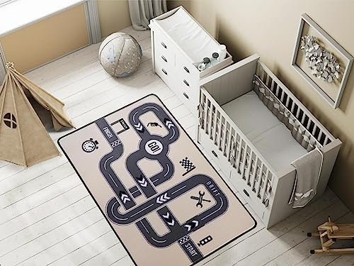 Primaflor Spielteppich Retro - 100x150 cm, Rennstrecke | Moderner Kinderteppich im skandinavischen Design | Straßenteppich, Teppich für Kinderzimmer mit Straßen | Kurzflor | Schwarz-Weiß