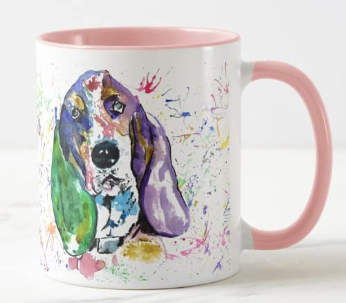Basset Hound Caza Perro Mascota Acuarela Arco Iris Art Taza de colores Regalo Cumpleaños Trabajo Oficina Navidad Té Café (Rosa)
