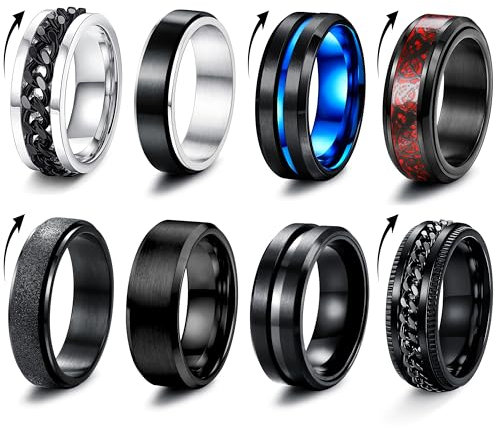 Milacolato 8 Stück Edelstahl Fidget Ring Spinner Ring Edelstahl Spinner Ringe für Zappeln für Damen Hochzeitsversprechen Schwarze Bandringe Coole schwarze Ringe für Männer 52-70