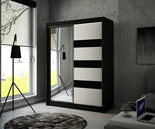 ALTDECOR Kleiderschrank mit Spiegel und Schiebetüren, Lacobel, kugelgelagerte Führungsschienen und Aluminium-Leisten, LED-Beleuchtung (17 Farben) und Fernbedienung - LOSTE- 150 cm cm Schwarz - Schwarz