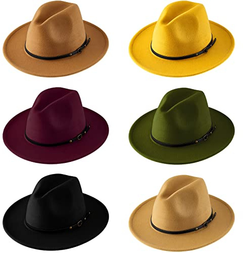 6 Stück Fedora-Hüte für Damen, Filz, Panamahut, breite Krempe, Fedora-Hut mit Gürtelschnalle, Schlapphüte, Vintage-Dekoration, Kleiderhut