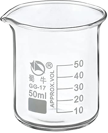 PATIKIL 50ml niedriger Glasbecher 3,3 Borosilikatglas abgestufte gedruckte Skala Labor Flüssigkeit Becher mit Tülle