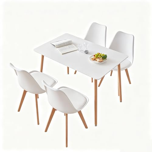 GrandCA HOME Rechteckiger Esstisch mit 4 Esszimmerstühlen, geeignet für Esszimmer, Küche, Wohnzimmer, weißer Esstisch und Stühle