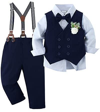 ZOEREA Baby pojkar klädset kostym 1–5 år, småbarn gentleman festlig dop bröllop långärmad klänning skjorta rosett väst boutonniere byxremmar, blå, 18-24 månader