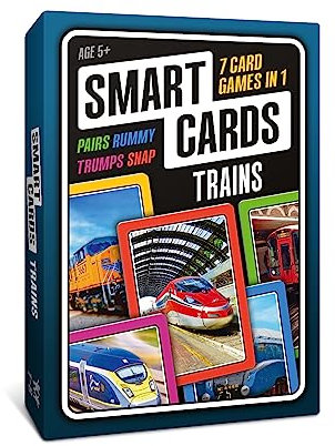 SMART CARDS Trains, Gift, Stocking Filler, Travel Card Game, 7 games in 1, Pairs, Snap, Trumps, Rummy, Memory Quiz, Trivia, Age 5+, 1-8 Players