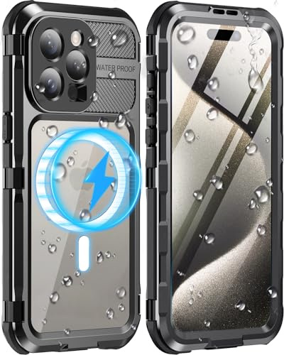 WIFORT für iPhone 15 Pro Max Wasserdicht Outdoor Hülle für MagSafe, Metall Stoßfest Panzerhülle Militär 360 Grad Schutzhülle mit Displayschutz,Robust Heavy Duty Handyhülle Case, Schwarz