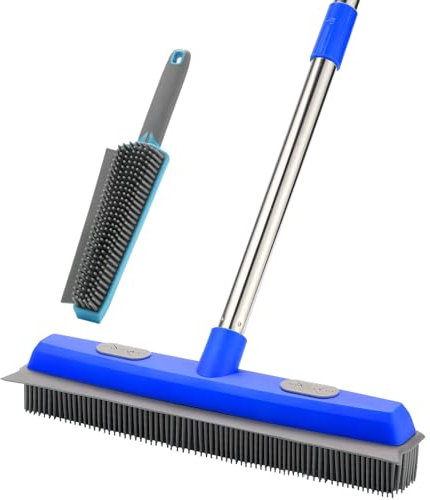 Rubber Broom Carpet Rake for Pet Hair Remover, Fur Remover Broom with Squeegee, Portable Detailing Lint Remover Brush, Pet Hair Removal Tool for Fluff Carpet, Hardwood Floor, Tile, Window (Blue)
