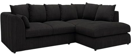 New Gamzo Fabric Corner Sofa Firm | Soft Jumbo Cord 3-4-5 Seater Corner Sofa Left/Right Hand Facing) (Black, Right Hand Facing)