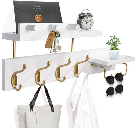Lampaggio Coat Rack Wall Mount with Shelf, 4 in 1 Wood Coat Hooks with Key and Mail Holder, 17 Inch Entryway Hanging Shelf with Sunglasses Holder and 4 Metal Hooks for Clothes Hats Bag, White and Gold