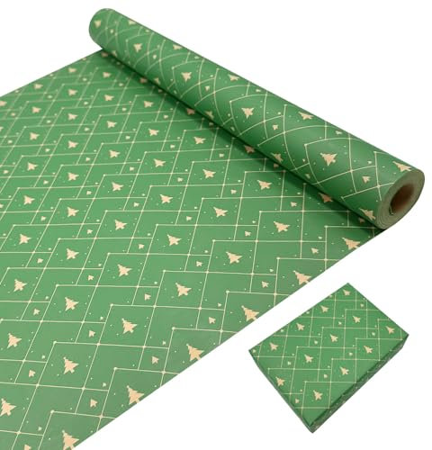 Kraft-Geschenkpapierrolle: Weihnachtsgeschenkpapier, recycelbar, grünes Geschenkpapier, bedruckt mit Weihnachtsbaum, 43 cm x 15 m
