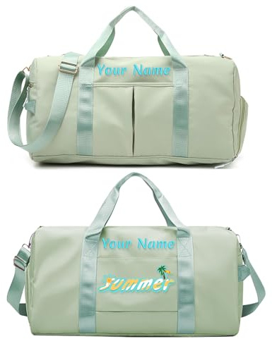 SHKINETARRY Personalisierte Gepäcktasche mit Foto-Namenstext, individuelle Reisetasche mit Nass- und Trockentaschen und Schuhfach, individuelle Tanz-Sporttasche in Hellgrün, 24 cm x 49 cm x 25 cm