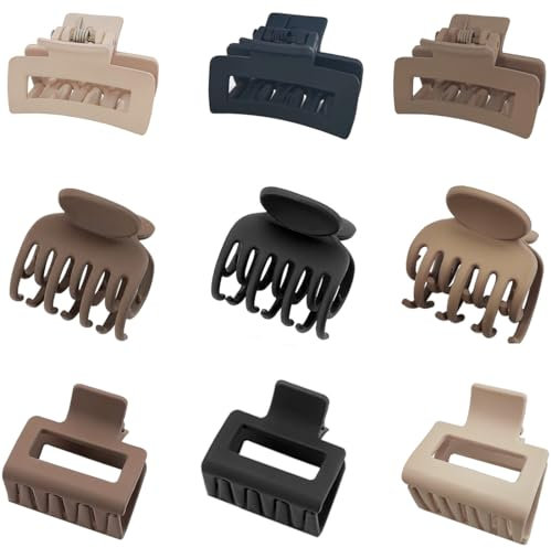 Lot de 9 Pinces à Cheveux - 3 Petites Carrées, 3 Queue de Cheval, 3 Rectangulaires - Noir, Marron Foncé et Marron Clair