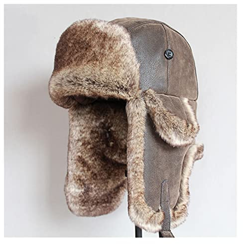Lederkappe Bomberhüte Winter Männer Warme russische Hut mit Ohrklappe PU-Leder F-ur Trapper-Kappe-Earflap(Brown,Above 60cm)
