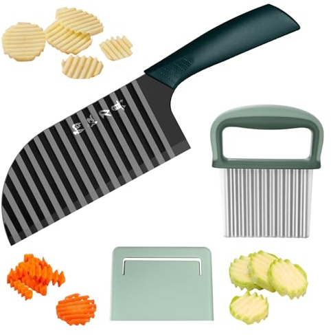 Marjoramy Wellenschneider Für Pommes, 2 Stück Wellenmesser Für Gemüse,Pommes Wellenmesser Edelstahl + Riffelmesser Mit Schutzhülle,Kartoffelschneider Pommes, Obst & Gemüse,Salat