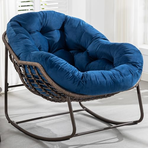 Villeston Outdoor Patio Schaukelstühle, Blau | Übergroßer Papasan-Schaukelstuhl mit Samtkissen, Ei-Schaukelstuhl für Wohnzimmer, Veranda, Garten und Terrasse