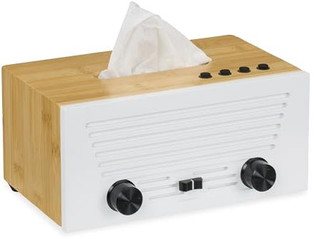 Relaxdays Kosmetiktücherbox, Taschentuchbox im Radio-Design, für Kosmetik- & Taschentücher, Tuchbox, Bambus, weiß/natur