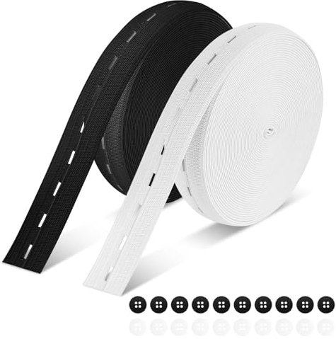 Beojonvy Kit Banda Elástica para Coser 20mm 2 Rollos 6m Negro 6m Blanco 12m Total con 20 Botones y Ojales Incluidos Ideal para Ajustes de Ropa Cintura de Pantalones Faldas y Diademas