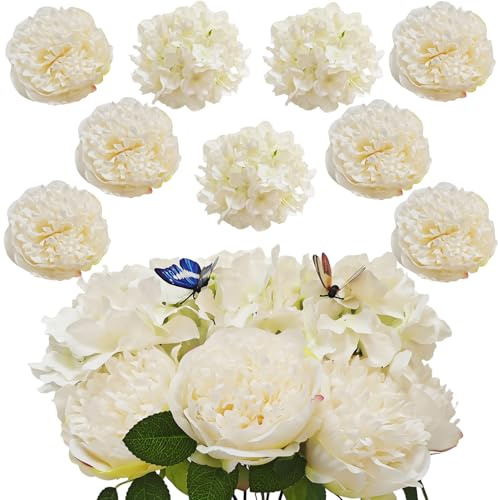 OrgMemory Kunstblumen, Künstliche Blumen, Pfingstrosen Künstlich, Hortensien Kunstblumen Weiß, Kunstblumenstrauß für Hochzeit Geburtstag Party Home Küche Büro Tischdeko Balkon DIY Dekor