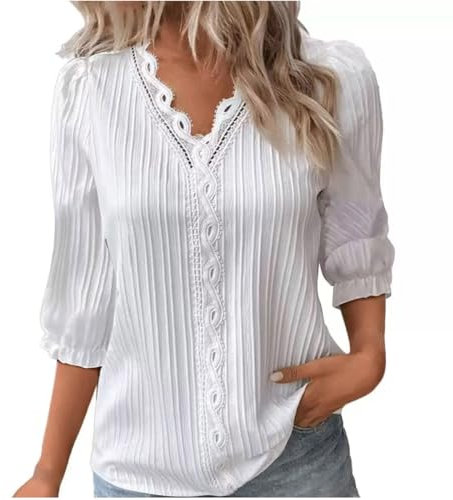 Summer Tops for Women UK Elegant Lace Splicing Hollow Bubble 3/4 Sleeve Solid Color Blouses V-Neck Shirt Ladies Soft Comfy Classic-Fit Dressy Casual Plain Tops for Work Office