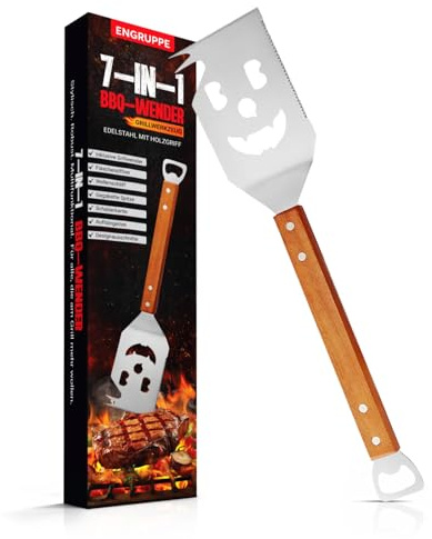 ENGRUPPE 7-in-1 BBQ Wender Grillbesteck Edelstahl mit Holzgriff – Multifunktionales Grillspachtel mit Flaschenöffner, Schaberkante & Designausschnitt Männer & Vatertag